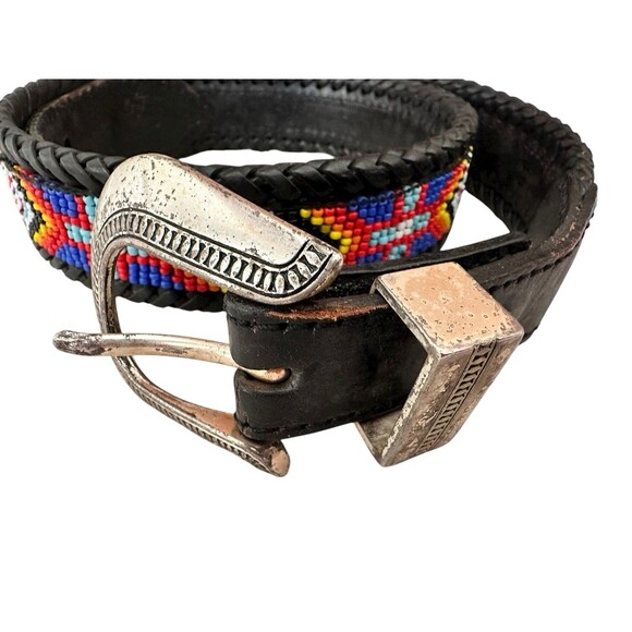 VTG Hand Beaded Leather Belt Silver Buckle 1991 Womens Size 30 Southwest Black - Picture 2 of 9